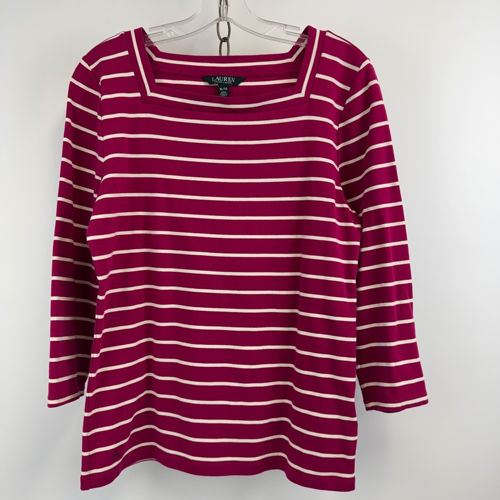 Lauren Ralph Lauren Top Women's XL Pink White Stripe 3/4 Sleeve Stretch